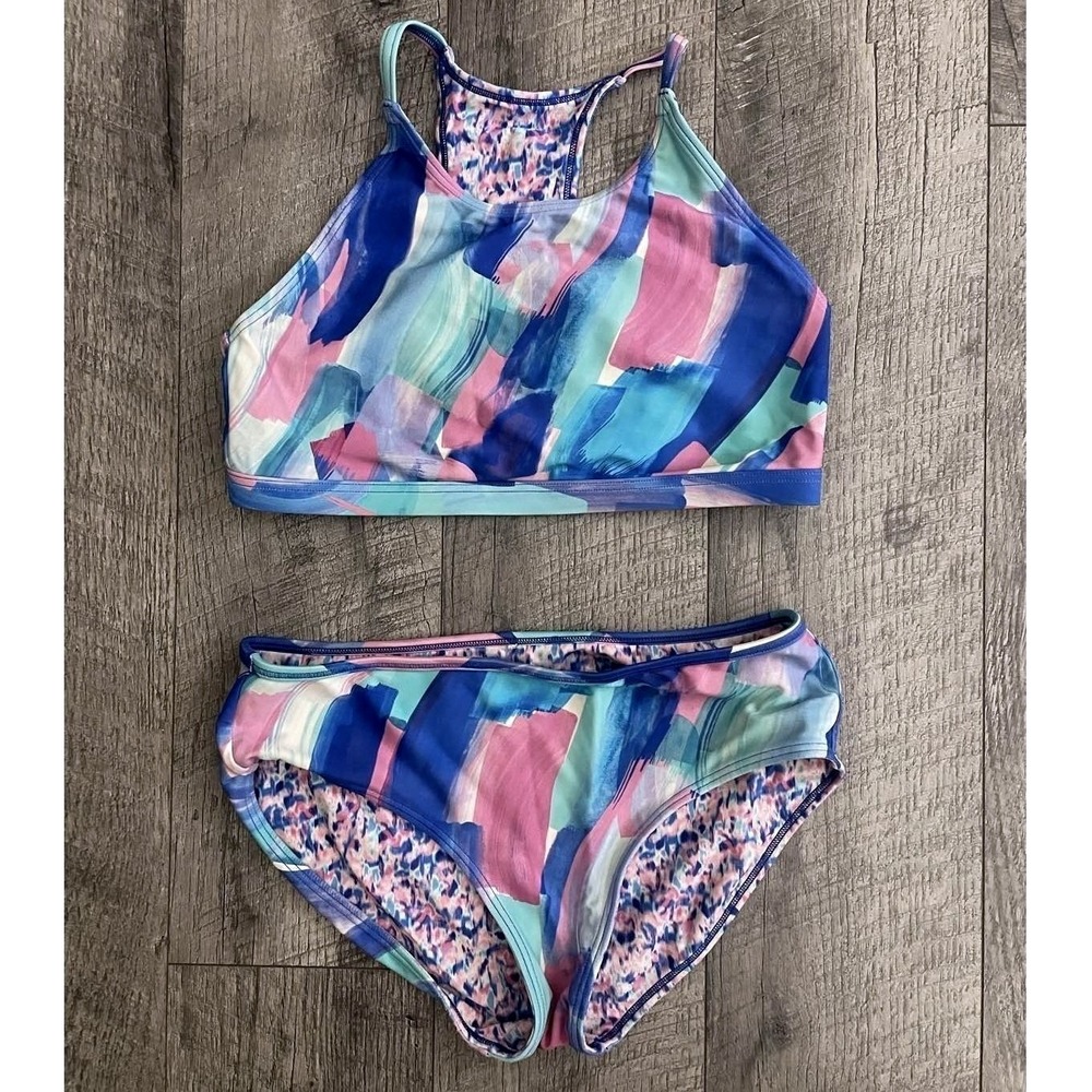 Athleta Girl Reversible Bikini Swimsuit 2 Piece Set Abstract Blue Pink Girls M‎